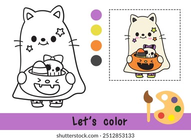 Halloween coloring cat cartoon holding pumpkin candy jack o lantern Outline kitten playing. Coloring pages for kids Children activity. Kawaii drawing (trick or treaters). Perfect make a wish for child