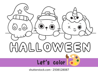 Halloween coloring cat outline with cute unicorn cartoon kawaii cat (kitten drawing) and spooky skull. Coloring pages for kids Children activity. Kawaii drawing (trick or treaters). classroom 