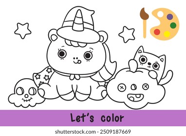 Halloween coloring cat outline with cute unicorn cartoon kawaii cat (kitten drawing) and spooky skull and pumpkin. Coloring pages for kids Children activity. Kawaii drawing (trick or treaters).