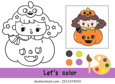 Halloween coloring cat outline with Cute witch girl on giant pumpkin jack o lantern. Coloring pages for kids Children activity. Kawaii drawing (trick or treaters). Perfect make a wish for child party.