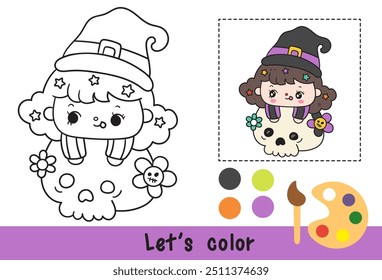 Halloween coloring cat outline with Cute witch girl on giant skull. Coloring pages for kids Children activity. Kawaii drawing (trick or treaters). Perfect make a wish for child party and classroom.