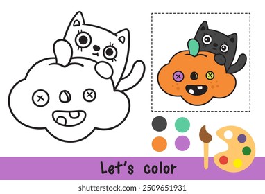 Halloween coloring cat outline with pumpkin jack o lantern cartoon kawaii cat (kitten drawing) and spooky skull and pumpkin. Coloring pages for kids Children activity. Kawaii drawing trick or treater