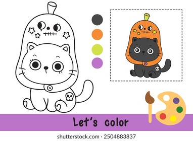 Halloween coloring cat outline wear pumpkin hat jack o lantern (kitten cartoon) Coloring pages for kids Children activity. Kawaii drawing (trick or treaters). Perfect make a wish for child party.