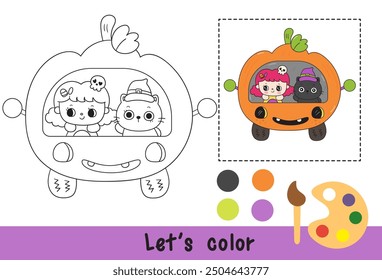 Halloween coloring cat outline and witch girl drive pumpkin car (kitten cartoon) Coloring pages for kids Children activity. Kawaii drawing (trick or treaters). Perfect make a wish for child party.