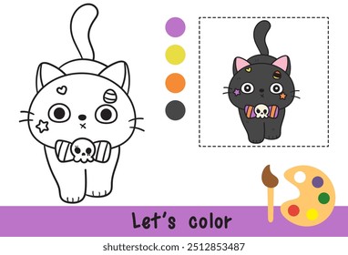 Halloween coloring cats cartoon. Coloring pages for kids Children activity. Kawaii drawing (trick or treaters). Perfect make a wish for child party and classroom education.