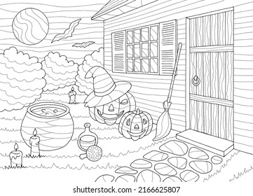 Halloween coloring graphic black white sketch illustration vector