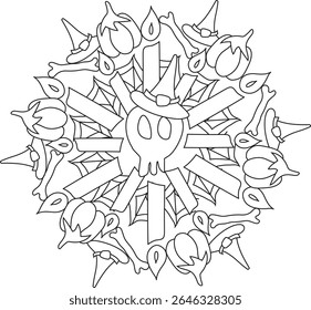 Halloween Coloring Page for Adults Kids Pumpkin Skull Candles Hand Drawn vector doodle
