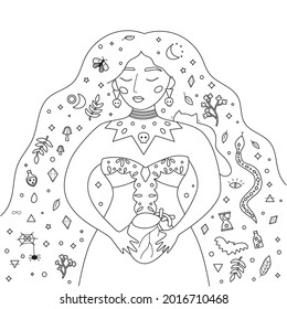 Halloween coloring page. Cartoon beauty witch holding heart. Hand drawn doodle spider, snake, bat, cat, skulls, potions, butterfly and moon. Outline black and white vector illustration.