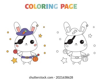 Halloween coloring page with cartoon bunny in pirate costume. Kawaii animals. Educational game for preschool kids. Outline vector illustration for coloring book.
