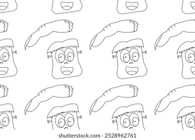 Halloween coloring page with cartoon Frankenstein faces and fingers. Perfect for kids fun, creative, and spooky activities.