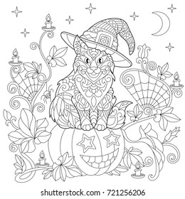 Halloween coloring page. Cat in a hat, halloween pumpkin, spider web, lanterns with candles, moon and stars. Freehand sketch drawing for adult antistress coloring book in zentangle style.