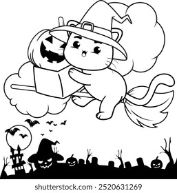 Halloween coloring page with cat for kids