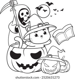 Halloween coloring page with cat for kids