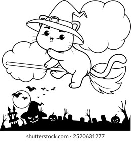 Halloween coloring page with cat for kids