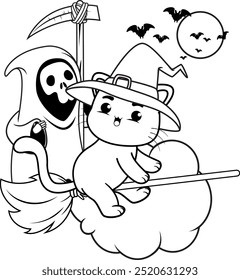 Halloween coloring page with cat for kids