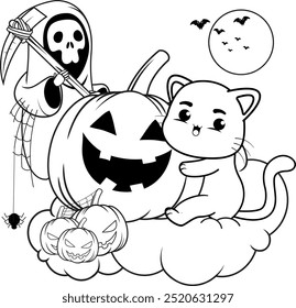 Halloween coloring page with cat for kids