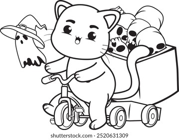 Halloween coloring page with cat for kids