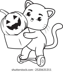 Halloween coloring page with cat for kids
