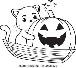 Halloween coloring page with cat for kids