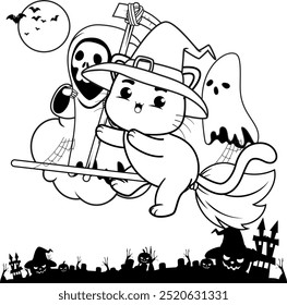 Halloween coloring page with cat for kids