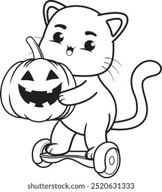 Halloween coloring page with cat for kids