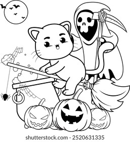 Halloween coloring page with cat for kids