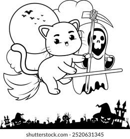 Halloween coloring page with cat for kids