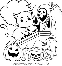 Halloween coloring page with cat for kids