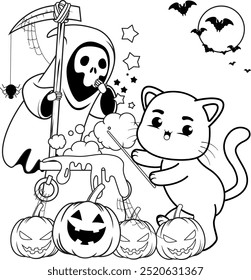 Halloween coloring page with cat for kids
