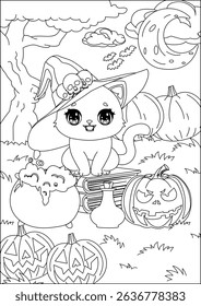 Halloween Coloring Page Cat Witchcraft Cartoon Vector