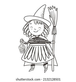 Halloween coloring page with a child in a cute witch costume. Autumn black and white contour vector illustration for a coloring book.