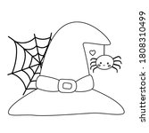 Halloween coloring page for children. Cute kawaii spider with witch hat. Vector cartoon character. Outline illustration.