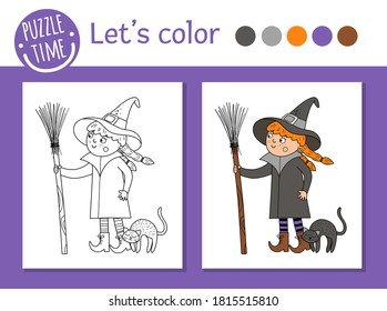 Halloween coloring page for children. Cute funny witch with broom and cat. Vector autumn holiday outline illustration. Trick or treat dress party color book for kids with colored example
