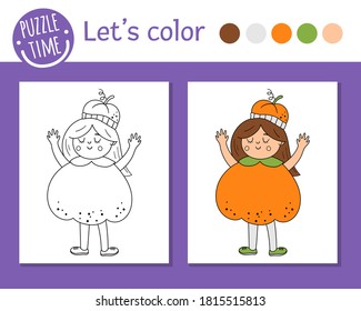 Halloween coloring page for children. Cute funny girl dressed like pumpkin. Vector autumn holiday outline illustration. Trick or treat dress party color book for kids with colored example