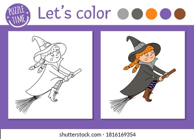 Halloween coloring page for children. Cute funny witch flying on the broom. Vector autumn holiday outline illustration. Trick or treat dress party color book for kids with colored example
