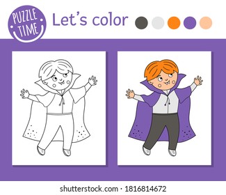 Halloween coloring page for children. Cute funny boy dressed like vampire. Vector autumn holiday outline illustration. Trick or treat dress party color book for kids with colored example
