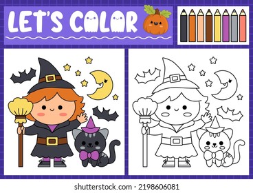 Halloween coloring page for children with cute kawaii witch and cat. Vector autumn holiday outline illustration. Color book for kids with colored example. Drawing skills printable worksheet
