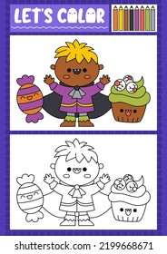 Halloween coloring page for children with cute kawaii vampire, sweets. Vector autumn holiday outline illustration. Color book for kids with colored example. Drawing skills printable worksheet
