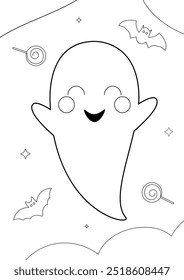 Halloween coloring page for children. Hand drawn illustration of cute ghost with candy and bats. Vector illustration for kindergarten, school, print.
