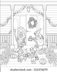 Halloween coloring page. Costumed kids dressed up for trIck or treat, stand at the stairs. Halloween decorated front door and porch with pumpkins and wreath. Vector illustration.