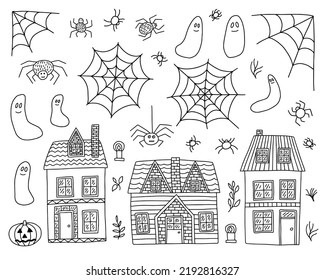 Halloween coloring page with country houses, ghost and spiders. Hand drawn vector doodle Halloween haunted houses set