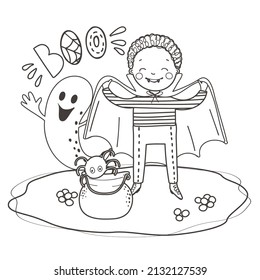 Halloween coloring page with cute baby in vampire costume, ghost, spider and candy. Autumn black and white contour vector illustration for a coloring book.