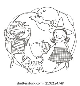 Halloween coloring page with cute kids in costumes, moon, bat and cat. Autumn black and white contour vector illustration for a coloring book.