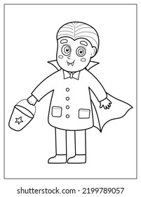 Halloween coloring page with a cute vampire boy. Trick or treat kid in Dracula costume in cartoon style for coloring book. Vector illustration