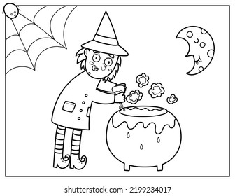 Halloween coloring page with a cute witch brewing a potion in a cauldron. Spooky print in cartoon style for coloring book. Vector illustration