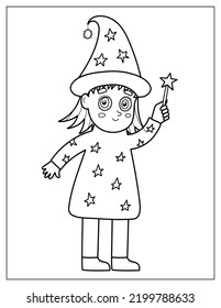 Halloween coloring page with a cute witch. Girl in magician costume in cartoon style for coloring book. Vector illustration
