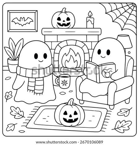 a halloween coloring page featuring ghosts, pumpkins, and a cozy room with a fireplace and armchair