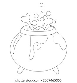 A Halloween coloring page featuring a large cauldron with a sinister magic potion, bones, and bubbling poison. Perfect for children's activities, Halloween crafts, and decor