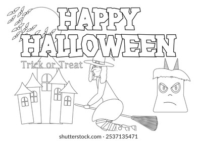 A Halloween coloring page featuring a witch on a broom, haunted house, bats, and a mischievous monster. Perfect for kids Halloween fun.