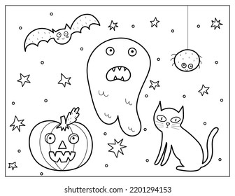 Halloween coloring page with a ghost, cat and pumpkin. Spooky print in cartoon style for coloring book. Vector illustration